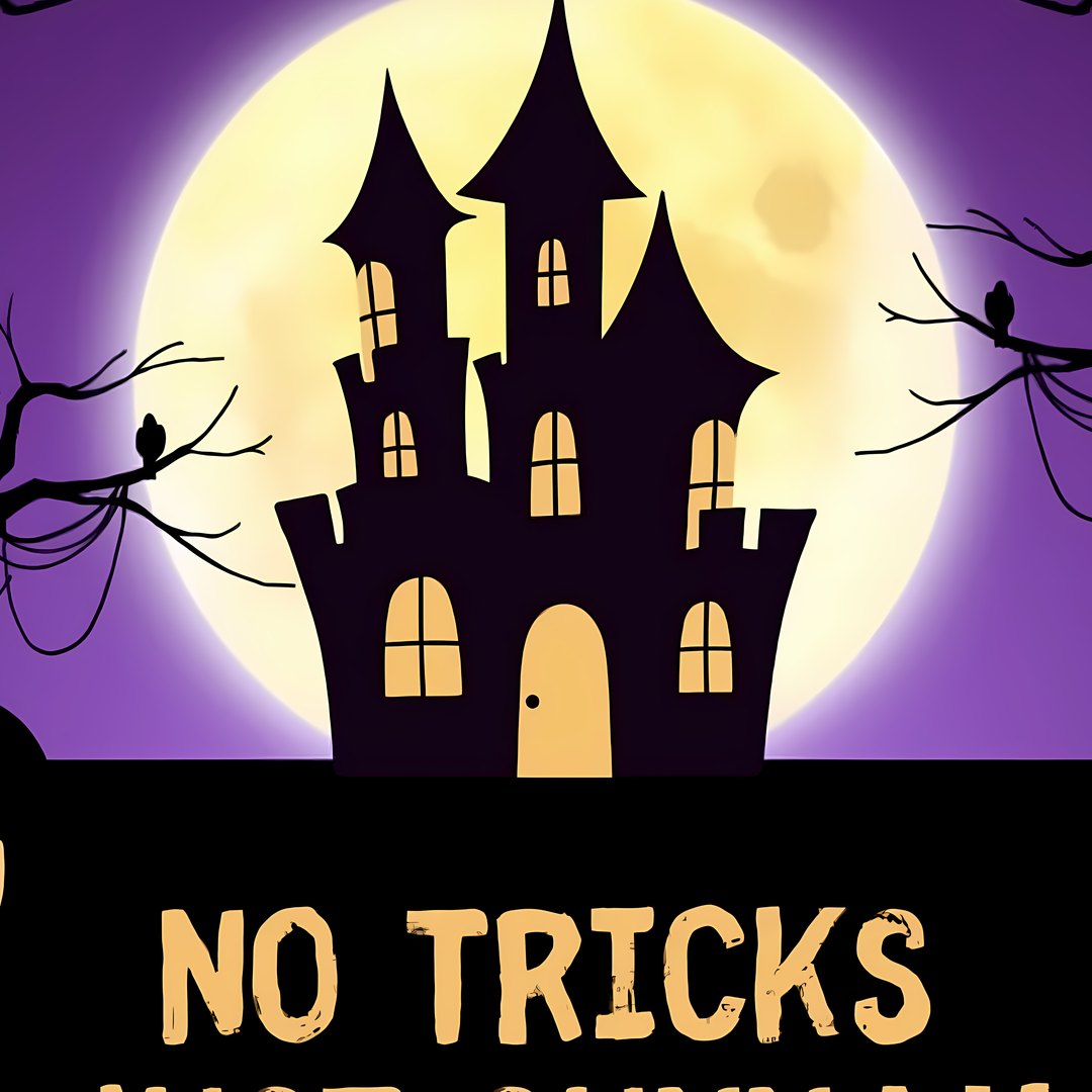 A full moon behind a dark house, from the No tricks, just Sunnah poster